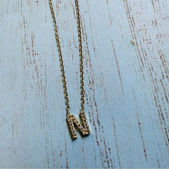 Sterling Silver Gold Wash N Initial Crystal Necklace - Picture 2 of 3